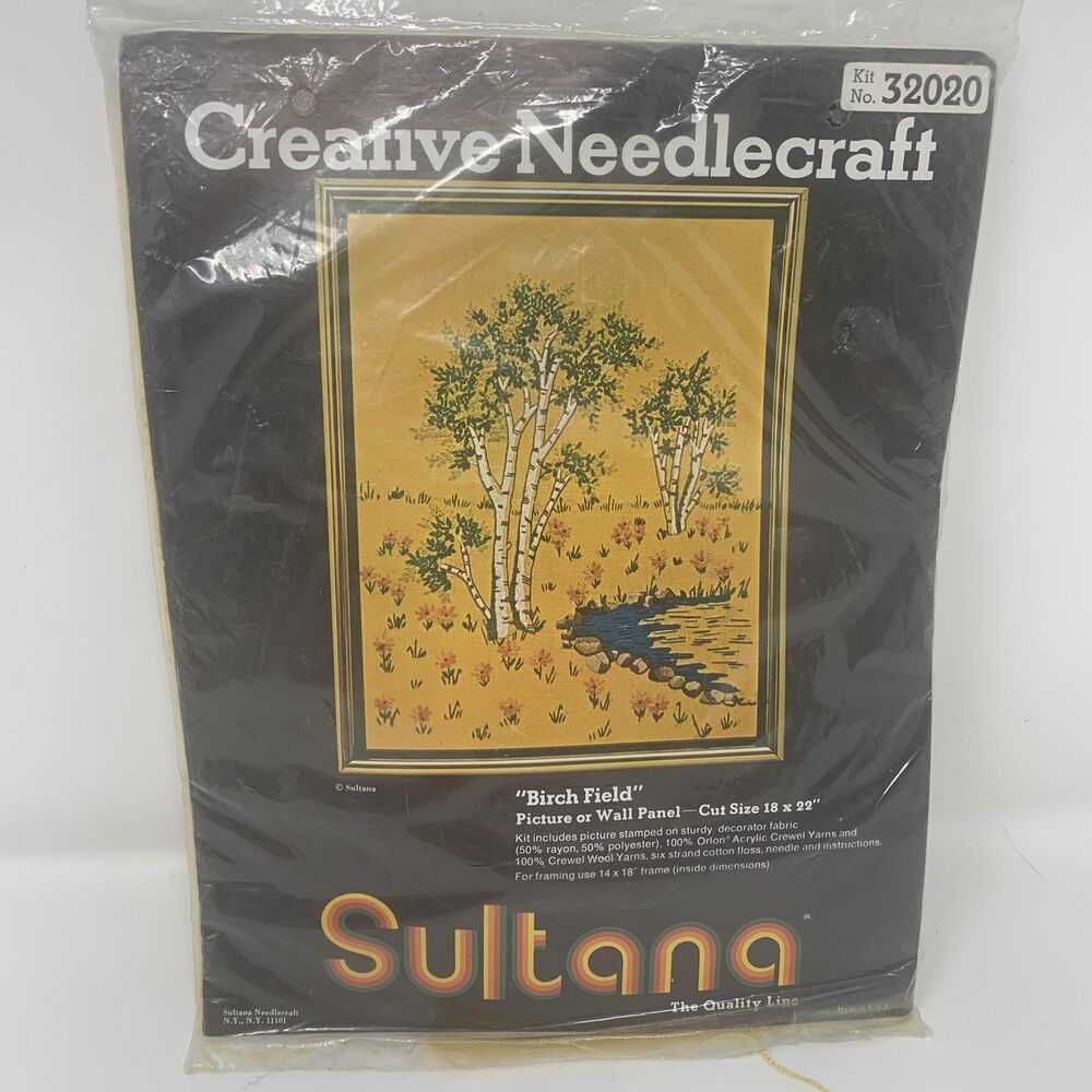 Vintage Sultana Creative Needlecraft Birch Field Crewel Kit 18x22 Wall Panel